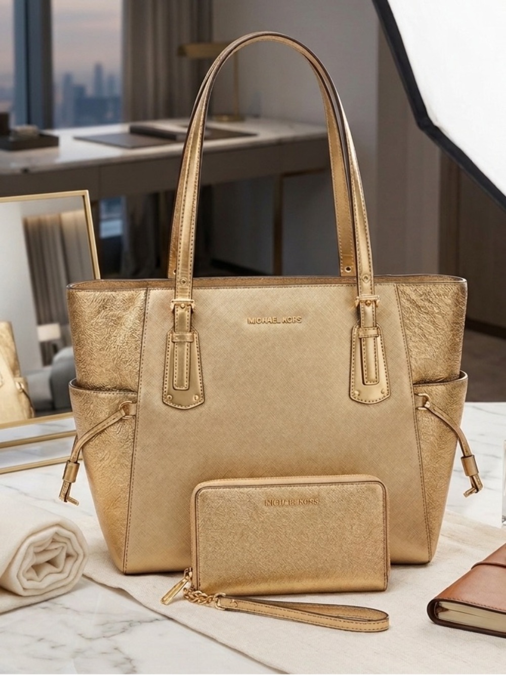 Michael Kors Voyager Gold Saffiano Tote + Wallet Like New